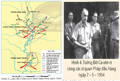 BÀI 14: CHIẾN DỊCH ĐIỆN BIÊN PHỦ NĂM 1954(3 tiết)I. YÊU CẦU CẦN ĐẠT1. Kiến thứcSau bài học này, HS sẽ:Kể lại được diễn biến chính của chiến dịch Điện Biên Phủ năm 1954 có sử dụng tư liệu lịch sử (lược đồ, tranh ảnh và các câu chuyện về kéo pháo ở Điện Biên Phủ, chuyện bắt sống tướng Đờ Ca-xtơ-ri (De Castries),...).Sưu tầm và kể lại được một số câu chuyện về một số anh hùng trong chiến dịch Điện Biên Phủ năm 1954 (ví dụ: Phan Đình Giót, Tô Vĩnh Diện, Bế Văn Đàn,...).2. Năng lựcNăng lực chung: Giao tiếp và hợp tác: biết sử dụng ngôn ngữ kết hợp với lược đồ, tranh ảnh để trình bày về diễn biến chính của chiến dịch Điện Biên Phủ năm 1954.Năng lực riêng: Nhận thức khoa học Lịch sử và Địa lí:: + Trình bày được diễn biến chính của chiến dịch Điện Biên Phủ năm 1954 (câu chuyện về kéo pháo ở Điện Biên Phủ, chuyện bắt sống tướng Đờ Ca-xtơ-ri,...).+ Trình bày được một số câu chuyện về một số anh hùng trong chiến dịch Điện Biên Phủ năm 1954 (ví dụ: Phan Đình Giót, Tô Vĩnh Diện, Bế Văn Đàn,...).Vận dụng kiến thức, kĩ năng đã học: Sử dụng được lược đồ để trình bày diễn diễn biến chính của chiến dịch Điện Biên Phủ năm 1954.3. Phẩm chấtYêu nước: biết ơn những người có công với quê hương, đất nước.II. ĐỒ DÙNG DẠY HỌC1. Đối với giáo viênKế hoạch bài dạy, bài trình chiếu powerpoint.Lược đồ, tranh ảnh có liên quan đến nội dung bài học.SGK Lịch sử và Địa lí 5 – bộ sách Chân trời sáng tạo Bảng con, giấy A4, bút viết,...2. Đối với học sinhSHS Lịch sử và Địa lí 5 bộ sách Chân trời sáng tạo Thông tin, tài liệu, tranh ảnh về làm quen với phương tiện học tập môn Lịch sử và Địa lí. III. CÁC HOẠT ĐỘNG DẠY HỌC HOẠT ĐỘNG CỦA GVHOẠT ĐỘNG CỦA HSA. HOẠT ĐỘNG KHỞI ĐỘNGa. Mục tiêu: Thông qua Hoạt động, HS: - Nhận biết được các mục tiêu của bài học.- Tạo hứng thú trong học tập.  b. Cách tiến hành- GV trình chiếu cho HS hình 1 SGK tr.56.- GV đặt câu hỏi cho HS: Hình 1 gợi cho em điều gì về Điện Biên Phủ?  - GV hướng dẫn HS thực hiện yêu cầu bằng cách gợi ý một số câu hỏi:+ Các nhân vật trong hình đang làm gì?+ Họ đang vận chuyển những gì?+ Họ vận chuyển để làm gì?+ Theo em, trong quá trình vận chuyển, họ sẽ gặp những khó khăn gì? - GV mời 1 – 2 HS xung phong trả lời. Các HS khác lắng nghe, nhận xét, nêu ý kiến bổ sung (nếu có). - GV nhận xét, đánh giá và chốt đáp án:+ Đây là đoàn người vận chuyển lương thực, vũ khí,...bằng xe đạp đến khu tập kết để chuẩn bị cho chiến dịch Điện Biên phú. + Để chuẩn bị cho chiến dịch, hàng vạn xe đạp thồ được trưng dụng để chở đạn đại bác. Các khẩu pháo được tháo rời ra để vận chuyển từng bộ phận bằng xe đạp đến vị trí tập kết và lắp ráp. + Từng đoàn xe đạp chở đầy lương thực, súng đạn, hàng nghìn bè mảng lướt trên sông, chở hàng đến nơi tập kết. tại đó, hàng vạn dân công tiếp tục khiêng gánh trên những đoạn đường mà mà xe đạp, thuyền bè không đi được. tất cả đều cố gắng dốc hết sức người, sức của và tinh thần phục vụ cho chiến dịch. - GV dẫn dắt HS vào bài học: Để hiểu rõ hơn về diễn biến và những câu chuyện liên quan đến chiến dịch Điện Biên Phủ, chúng ta cùng vào bài học ngày hôm nay - Bài 14: Chiến dịch Điện Biên Phủ năm 1954.B. HOẠT ĐỘNG HÌNH THÀNH KIẾN THỨCHoạt động 1: Tìm hiểu về Chiến dịch Điện Biên Phủ năm 1954a. Mục tiêu: Thông qua hoạt động, HS: - Trình bày được diễn biến chính của chiến dịch Điện Biên Phủ năm 1954. - Nêu được ý nghĩa của chiến dịch Điện Biên Phủ năm 1954. b. Cách tiến hành- GV giới thiệu và cung cấp thêm kiến thức cho HS:+ Năm 1946, thực dân Pháp quay trở lại xâm lược Việt Nam. Nhân dân ta tiếp tục cuộc kháng chiến chống Pháp dưới sự lãnh đạo của Chủ tịch Hồ Chí Minh và Đảng Cộng sản Đông Dương (tên gọi của Đảng Cộng sản Việt Nam từ tháng 10- 1930 đến tháng 2-1951).+ Tại vùng rừng núi Tây Bắc, gần biên giới với Lào, Pháp đã xây dựng tập đoàn cứ điểm Điện Biên Phủ hùng mạnh. Tháng 12 - 1953, Bộ Chính trị Trung ương Đảng quyết định mở chiến dịch Điện Biên Phủ nhằm tiêu diệt quân Pháp, giải phóng Tây Bắc, tạo điều kiện giải phóng Lào. - GV yêu cầu HS làm việc theo cặp đôi, đọc thông tin mục 1 và quan sát các hình 2 và 3 SGK tr.57 - 58 thực hiện nhiệm vụ: Hãy nêu diễn biến chính của chiến dịch Điện Biên Phủ năm 1954. - GV mời đại diện 2 nhóm HS trình bày kết quả thảo luận. Các nhóm khác lắng nghe, nhận xét, nêu ý kiến bổ sung (nếu có). - GV nhận xét, đánh giá và kết luận: Chiến dịch Điện Biên Phủ diễn ra 3 đợt:+ Đợt 1 (từ ngày 13 – 3 đến ngày 17-3-1954): quân ta tấn công căn cứ Him Lam và toàn bộ phân khu Bắc.+ Đợt 2 (từ ngày 30 – 3 đến ngày 26-4-1954): quân ta tiến đánh vào phía đông phân khu Trung tâm.+ Đợt 3 (từ ngày 1-5 đến ngày 7-5-1954): quân ta tổng tấn công các căn cứ còn lại ở phân khu Trung tâm và phân khu Nam.+ 17 giờ 30 phút ngày 7 - 5 1954, quân ta - đánh vào hầm chỉ huy của Pháp, bắt sống tướng Đờ Ca-xtơ-ri. Toàn bộ Ban tham mưu của Pháp đầu hàng.- GV cho HS xem video “Hồi ức của người bắt sống tướng De Castries”https://youtu.be/k4QgQZ6upts - GV mời một số HS trả lời câu hỏi:+ Theo em, tướng Đờ Cát-xtơ-ri là ai và em có nhận xét gì về nhân vật này?+ Việc bắt sống tướng Đờ Cát-xtơ-ri thể hiện điều gì? ......................     - HS quan sát hình ảnh.        - HS lắng nghe câu hỏi.  - HS lắng nghe.       - HS trả lời câu hỏi.  - HS lắng nghe, tiếp thu.         -  HS lắng nghe, chuẩn bị vào bài học mới.       - HS lắng nghe, tiếp thu.        - HS lắng nghe nhiệm vụ.           - Các HS trả lời câu hỏi.   - HS lắng nghe, tiếp thu.                    - HS xem video.   - HS trả lời câu hỏi. ...................... --------------- Còn tiếp --------------- Ngày soạn:…/…/…Ngày dạy:…/…/…BÀI 18: NƯỚC CỘNG HÒA DÂN CHỦ NHÂN DÂN LÀO(3 tiết)I. YÊU CẦU CẦN ĐẠT1. Kiến thứcSau bài học này, HS sẽ:Xác định được vị trí địa lí của nước Lào trên bản đồ hoặc lược đồ.Nêu được một số đặc điểm cơ bản về tự nhiên và dân cư của nước Lào.Sưu tầm một số tư liệu (tranh ảnh, câu chuyện lịch sử,...), tìm hiểu và mô tả được một số công trình tiêu biểu của Lào: Cánh đồng Chum, Cố đô Luông Pha-băng (Luang Prabang), Thạt Luổng....,...2. Năng lựcNăng lực chung: Giao tiếp và hợp tác: biết sử dụng ngôn ngữ kết hợp với tư liệu để trình bày về các công trình tiêu biểu của Lào.Giải quyết vấn đề và sáng tạo: biết xác định và làm rõ thông tin.Năng lực riêng: Nhận thức khoa học Lịch sử và Địa lí:: + Nêu được một số đặc điểm cơ bản về tự nhiên và dân cư của Lào.+ Tìm hiểu và mô tả được một số công trình tiêu biểu của Lào: Thạt Luổng, Cánh đồng Chum, Cố đô Luông Pha-băng,...Tìm hiểu lịch sử và địa lí: khai thác và sử dụng được những tư liệu lịch sử như tư liệu văn bản, hiện vật, tranh ảnh, câu chuyện liên quan đến Lào.Vận dụng kiến thức, kĩ năng đã học:+ Xác định được vị trí địa lí của Lào trên bản đồ hoặc lược đồ.+ Sưu tầm một số tư liệu (tranh ảnh, câu chuyện lịch sử,...) về một số công trình tiêu biểu của Lào.+ Bày tỏ được thái độ tôn trọng đối với sự đa dạng văn hoá của các quốc gia trên thế giới.3. Phẩm chấtNhân ái: biết quý trọng lịch sử và văn hoá dân tộc trên thế giới.II. ĐỒ DÙNG DẠY HỌC1. Đối với giáo viênKế hoạch bài dạy, bài trình chiếu powerpoint.Lược đồ, tranh ảnh có liên quan đến nội dung bài học.SGK Lịch sử và Địa lí 5 – bộ sách Chân trời sáng tạo Bảng con, giấy A4, bút viết,...2. Đối với học sinhSHS Lịch sử và Địa lí 5 bộ sách Chân trời sáng tạo Thông tin, tài liệu, tranh ảnh về làm quen với phương tiện học tập môn Lịch sử và Địa lí. III. CÁC HOẠT ĐỘNG DẠY HỌC HOẠT ĐỘNG CỦA GVHOẠT ĐỘNG CỦA HSA. HOẠT ĐỘNG KHỞI ĐỘNGa. Mục tiêu: Tạo tâm thế tích cực, hứng thú học tập cho HS và kết nối với bài học mới.  b. Cách tiến hành- GV trình chiếu cho HS quan sát lá quốc kì của Lào và giới thiệu: Nước Cộng hòa Dân chủ Nhân dân Lào là quốc gia có đường biên giới dài nhất với Việt Nam. - GV yêu cầu HS chia sẻ những điều HS biết về đất nước Lào. - GV mời 2 – 3 HS xung phong trả lời. Các HS khác lắng nghe, nhận xét, nêu ý kiến bổ sung (nếu có). - GV nhận xét, đánh giá và chưa ghi nhận đáp án đúng hay sai để HS tự kiểm chứng khi vào bài học. - GV dẫn dắt HS vào bài học: Chúng ta vừa cùng nhau chia sẻ hiểu biết của bản thân về đất nước anh em Lào. Để tìm hiểu sâu hơn về đất nước này, chúng ta cùng vào bài học ngày hôm nay: Bài 18 – Nước Cộng hòa Dân chủ Nhân dân Lào. B. HOẠT ĐỘNG HÌNH THÀNH KIẾN THỨCHoạt động 1: Tìm hiểu về vị trí địa lí Làoa. Mục tiêu: Thông qua hoạt động, HS xác định được vị trí địa lí của Lào trên bản đồ hoặc lược đồ.b. Cách tiến hành- GV trình chiếu hình 1 trong SGK tr.72.- GV tổ chức cho HS làm việc cá nhân, đọc thông tin SGK tr.73 và thực hiện nhiệm vụ: Xác định vị trí địa lí của Lào trên lược đồ.   - GV mời 2 – 3 HS lên trình bày trước lớp. HS khác lắng nghe, nhận xét, chốt đáp án: - GV nhận xét, đánh giá và kết luận:+ Lào  thuộc bán đảo Đông Dương, ở khu vực Đông Nam Á. + Nước Cộng hoà Dân chủ Nhân dân Lào tiếp giáp với các quốc gia: Trung Quốc và Mi-an-ma, Thái Lan, Cam-pu-chia và Việt Nam.+ Lào là quốc gia không giáp biển. Đây cũng là quốc gia duy nhất thuộc khu vực Đông Nam Á không giáp biển. - GV trình chiếu cho HS quan sát bản đồ hành chính Việt Nam năm 2022. - GV mở rộng kiến thức và yêu cầu HS trả lời câu hỏi: Nêu tên các tỉnh của nước ta có đường biên giới với Lào?- GV mời đại diện 1 – 2 HS trả lời. Các HS khác nhận xét, bổ sung ý kiến (nếu có). - GV nhận xét, đánh giá và kết luận: Các tỉnh của nước ta có đường biên giới với Lào là: Điện Biên, Sơn La, Thanh Hóa, Nghệ An, Hà Tĩnh, Quảng Bình, Quảng Trị, Thừa Thiên Huế, Kon Tum. - GV cho HS xem video về “Chợ đoàn kết ở biên giới Việt – Lào”https://youtu.be/Lx5ynxMbuCw - GV đặt câu hỏi cho HS: + Chợ đoàn kết có địa điểm diễn ra ở đâu? Chợ tổ chức vào thời gian nào? + Việc tổ chức chợ đoàn kết có ý nghĩa như thế nào đối với hai nước Việt Nam và Lào?  + Người dân có thể mua hàng hóa bằng những loại tiền nào? - GV mời HS xung phong trả lời câu hỏi. HS khác lắng nghe, nhận xét, bổ sung ý kiến (nếu có).- GV nhận xét, đánh giá: + Chợ đoàn kết trước đây được tổ chức tại tỉnh Nghệ An nhưng sau này được tổ chức trên nước bạn Lào, khu vực gần cửa khẩu biên giới 2 nước. Chợ được họp vào chủ nhật hàng tuần. +  Việc tổ chức chợ đoàn kết không chỉ tọa điều kiện thuận lợi cho người dân hai nước giao thương buôn bán mà còn làm khăng khít hơn tình đoàn kết giữa Việt Nam và Lào. + Người dân hai nước có thể mua bán hàng hóa bằng cả tiền Lào và tiền Việt. - GV mở rộng kiến thức cho HS về cột mốc: ......................    - HS quan sát, lắng nghe.      - HS lắng nghe nhiệm vụ.  - HS trả lời.  - HS lắng nghe, tiếp thu.  - HS lắng nghe, chuẩn bị vào bài học mới.     - HS quan sát lược đồ.        - HS làm việc cá nhân.   - HS trình bày trước lớp.  - HS lắng nghe, tiếp thu.     - HS quan sát.             - HS lắng nghe GV nêu câu hỏi.- HS trả lời.  - HS lắng nghe, tiếp thu.   - HS xem video.   - HS làm việc nhóm.     - HS trình bày.  - HS lắng nghe, tiếp thu.       - HS lắng nghe, ghi nhớ.  ...................... --------------- Còn tiếp --------------- II. TRẮC NGHIỆM KÌ 2 LỊCH SỬ VÀ ĐỊA LÍ 5 CHÂN TRỜI SÁNG TẠOPhiếu trắc nghiệm lịch sử và địa lí 5 chân trời Bài 13: Cách mạng tháng Tám năm 1945Phiếu trắc nghiệm lịch sử và địa lí 5 chân trời Bài 14: Chiến dịch Điện Biên Phủ năm 1954Phiếu trắc nghiệm lịch sử và địa lí 5 chân trời Bài 15: Chiến dịch Hồ Chí Minh năm 1975Phiếu trắc nghiệm lịch sử và địa lí 5 chân trời Bài 16: Đất nước đổi mớiPhiếu trắc nghiệm lịch sử và địa lí 5 chân trời Bài 17: Nước Cộng hòa Nhân dân Trung HoaPhiếu trắc nghiệm lịch sử và địa lí 5 chân trời Bài 18: Nước Cộng hòa Dân chủ LàoPhiếu trắc nghiệm lịch sử và địa lí 5 chân trời Bài 19: Vương quốc Cam-pu-chiaPhiếu trắc nghiệm lịch sử và địa lí 5 chân trời Bài 20: Hiệp hội các quốc gia Đông Nam ÁPhiếu trắc nghiệm lịch sử và địa lí 5 chân trời Bài 21: Các châu lục và đại dương trên thế giới_Phiếu trắc nghiệm lịch sử và địa lí 5 chân trời Bài 22: Dân số và các chủng tộc trên thế giớiPhiếu trắc nghiệm lịch sử và địa lí 5 chân trời Bài 24: Văn minh Hy LạpPhiếu trắc nghiệm lịch sử và địa lí 5 chân trời Bài 25: Xây dựng thế giới xanh-sạch-đẹpPhiếu trắc nghiệm lịch sử và địa lí 5 chân trời Bài 26: Xây dựng thế giới hòa bình BÀI 16: ĐẤT NƯỚC ĐỔI MỚI(21 CÂU)A. CÂU HỎI TRẮC NGHIỆM1. NHẬN BIẾT (5 CÂU)Câu 1: Thời bao cấp ở Việt Nam diễn ra vào thời gian nào?A. Diễn ra ở miền Bắc trước năm 1975 và từ sau ngày Việt nam thống nhất đến khi đổi mới (1975 – 1986).B. Diễn ra ở miền Nam trước năm 1975 và từ sau ngày Việt nam thống nhất đến khi đổi mới (1975 – 1986).C. Diễn ra ở miền Trung trước năm 1975 và từ sau ngày Việt nam thống nhất đến khi đổi mới (1975 – 1986).D.  Diễn ra ở một số tỉnh trước năm 1975 và từ sau ngày Việt nam thống nhất đến khi đổi mới (1975 – 1986). Câu 2: Thời kì bao cấp ở Việt Nam, nhà nước thực hiện:A. Hạn chế sản xuất hàng hóa, lương thực, thực phẩm.B. Sản xuất hàng hóa có sự quản lí của Nhà nước.C. Đẩy mạnh sản xuất lương thực, thực phẩm.D. Phân phối hàng hóa, lương thực, thực phẩm cho cán bộ bằng tem phiếu. Câu 3: Trong thời kì bao cấp đời sống của nhân dân như thế nào?A. Đời sống nhân dân được cải thiện.B. Đời sống nhân dân gặp nhiều khó khăn.C. Đời sống nhân dân luôn trong tình trạng thiếu đồ dùng sinh hoạt.D. Đời sống nhân dân đổi mới khi tang gia sản xuất. Câu 4: Năm bao nhiêu Việt Nam xóa bỏ thời bao cấp?A. Năm 1986.B. Năm 1987.C. Năm 1988.D. Năm 1989. Câu 5: Nhờ công cuộc đổi mới, Việt Nam từ:A. Một nước nghèo nàn, trở thành quốc gia giàu nhất Đông Nam Á.B. Một nước thiếu lương thực, trở thành quốc gia xuất khẩu gạo lớn nhất thế giới.C. Một nước thiếu lương thực, trở thành một trong những quốc gia xuất khẩu gạo hàng đầu thế giới.D. Một nước bị phụ thuộc vào Liên Xô trở thành cường quốc tự chủ.--------------- Còn tiếp --------------- BÀI 19: VƯƠNG QUỐC CAM-PU-CHIA